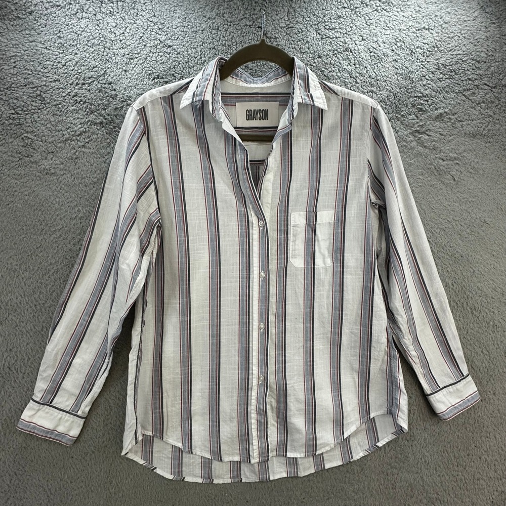 Grayson Women's Size 2 The Hero Cotton Striped Button Down Shirt Blue Red White